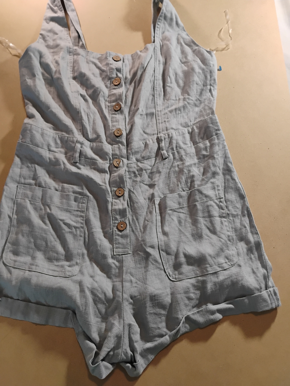 Shinestar Light Blue Button-Front Women’s Linen Blend Shorts Romper M